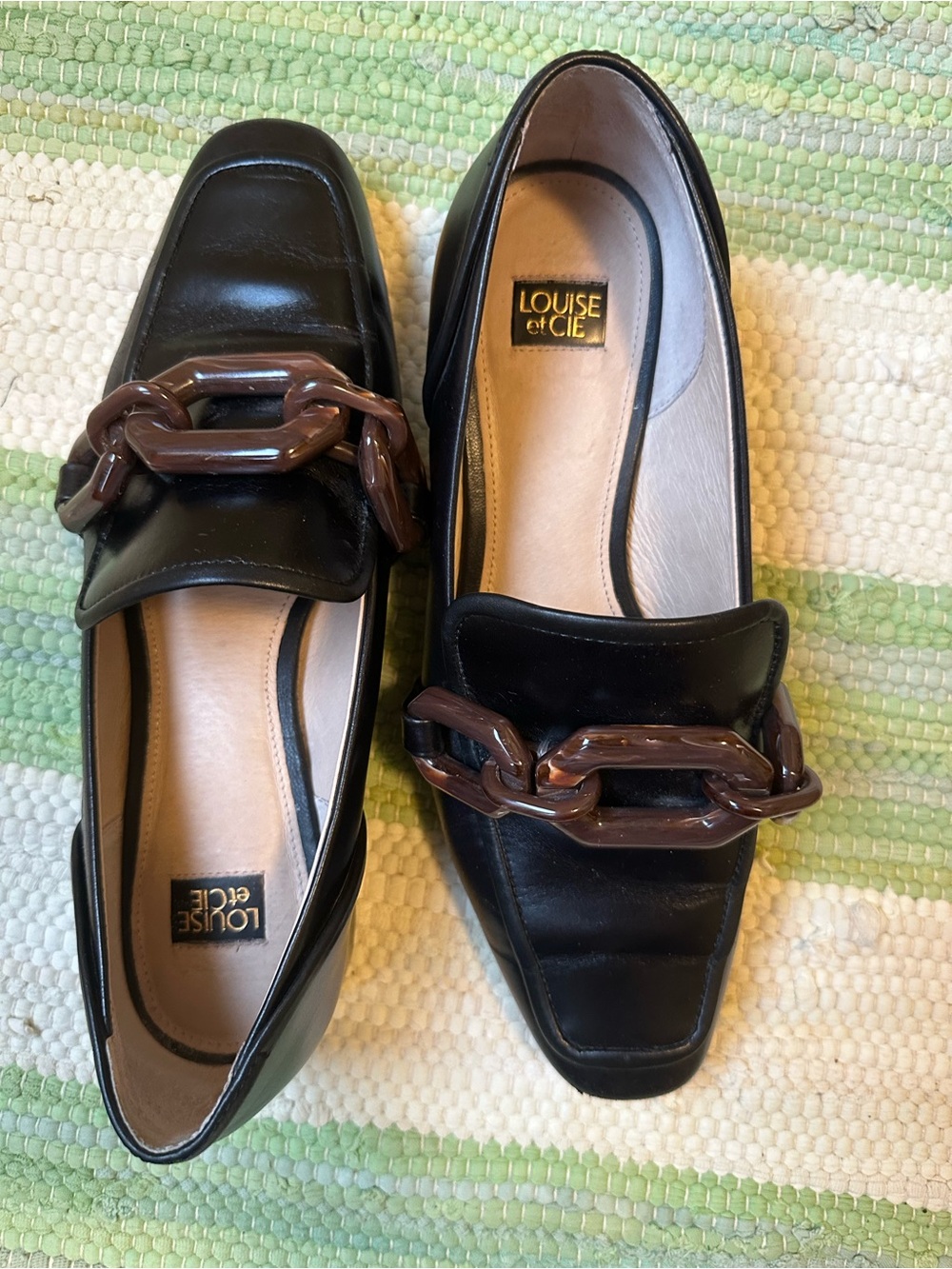 Louise et Cie Black Leather Loafers with Brown Chain Accent